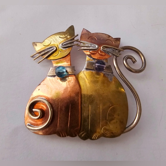 Chico's Cat Pin Brooch 2 Cats With Beaded Collar Hand Crafted Gold Silver Copper - Picture 5 of 8